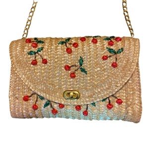 Anthropologie straw purse with cherry print